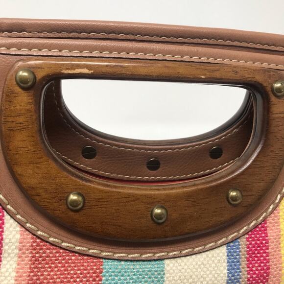Fossil Spring Striped Fabric Cloth Satchel Crossbody Purse Bag Wooden Handles - Picture 5 of 12
